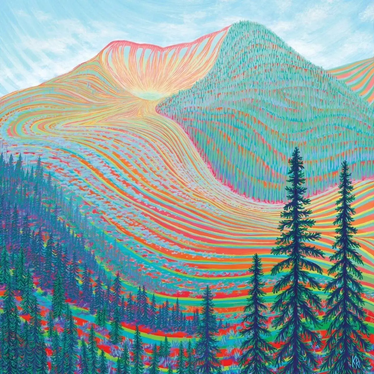 Illustration : vallée de montagne peinte en couleurs vives, sapins au premier plan