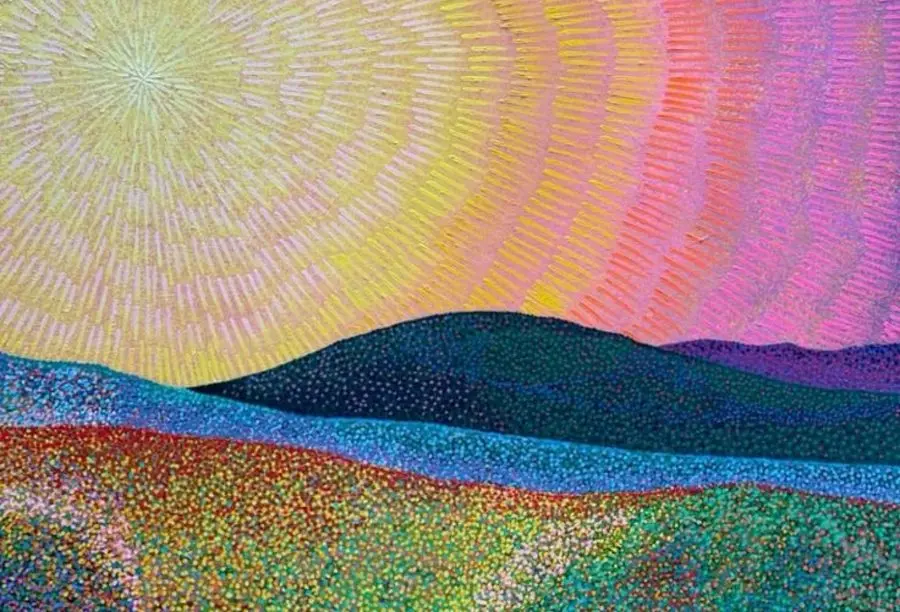 Illustration : collines et prairie colorées sous un ciel lumineux