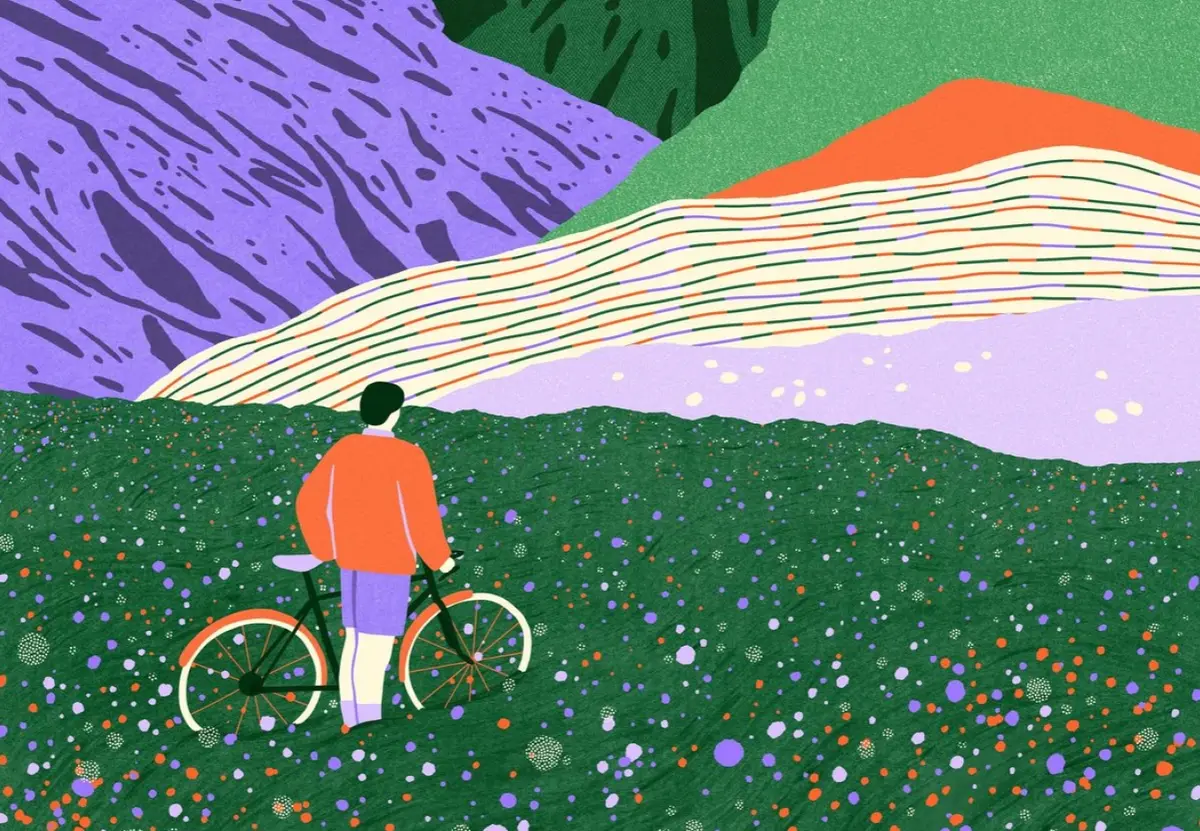 Illustration : un cycliste et son vélo dans une prairie fleurie, face aux montagnes