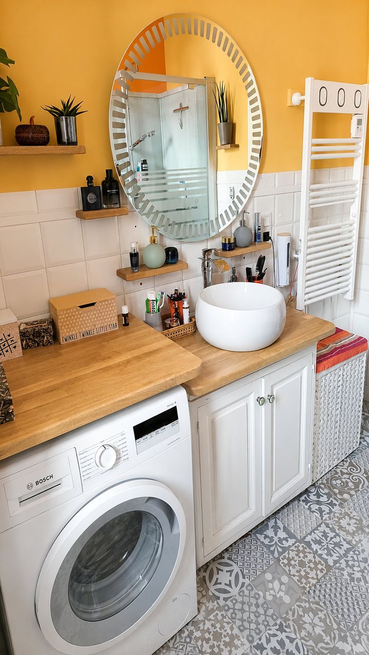 Salle de bain, vasque ronde et plan en bois