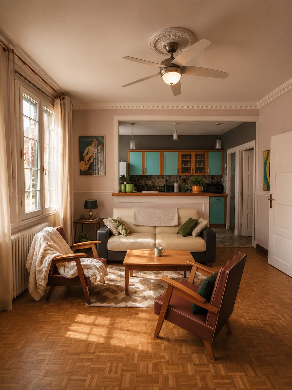 Salon avec fauteuils vintage et cuisine ouverte