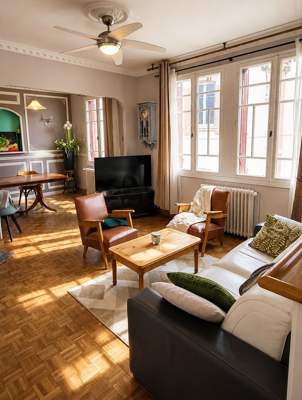 Salon et coin repas, parquet en point de Hongrie